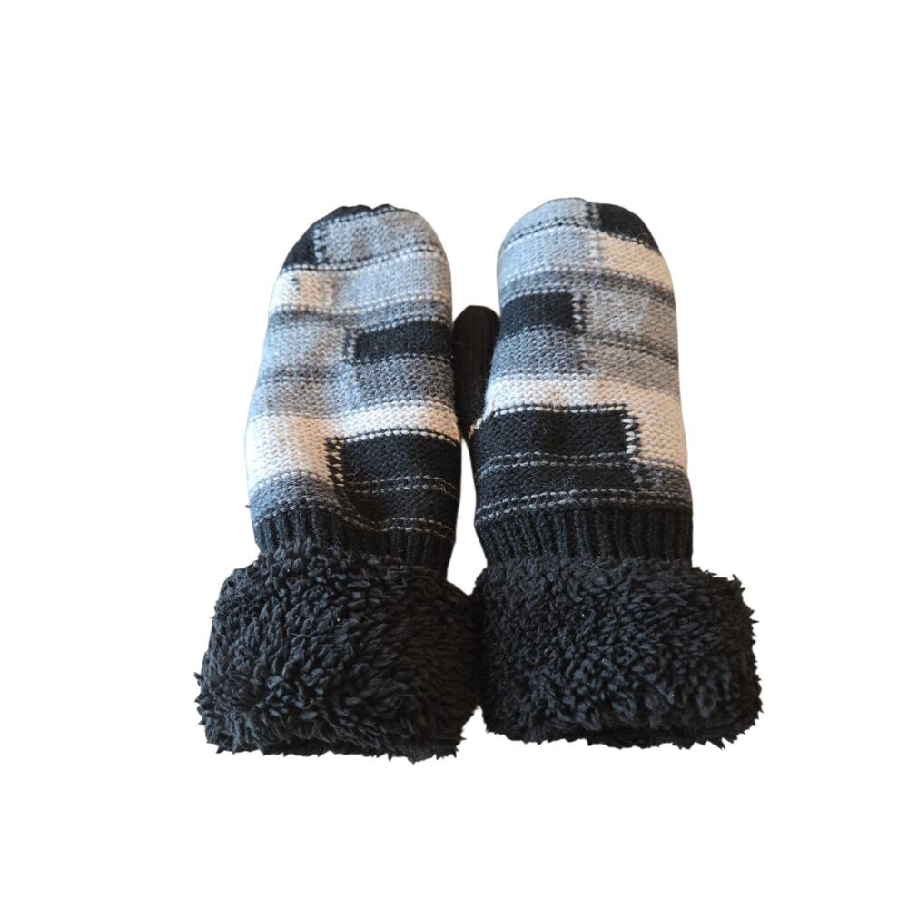 Black and gray striped winter mittens, one size